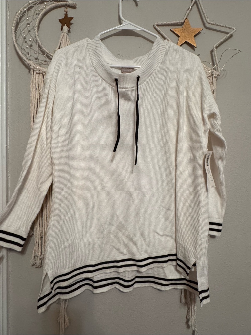 Chico's White Waffle Knit Pullover with Black Trim